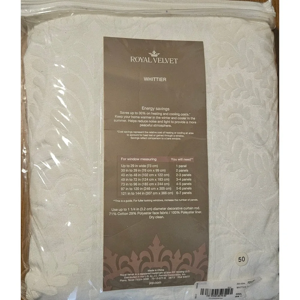 JCP Royal Velvet Whittier White Grommet Panel Jacquard Leaf Curtain 50x84 Energy
